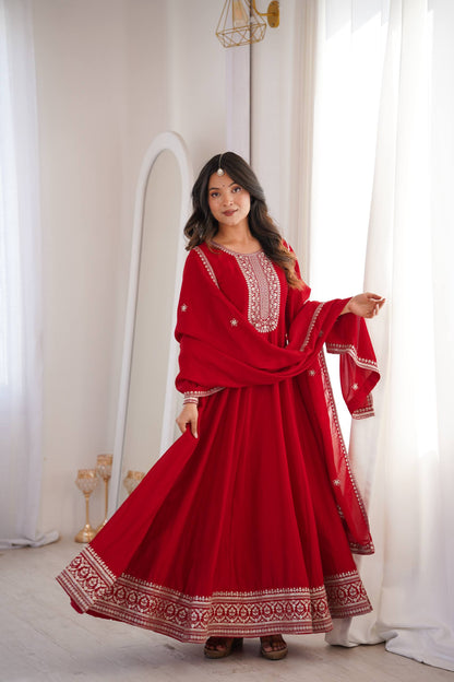 Attrative Red Color Sequence Embroidered Anarkali Gown Set
