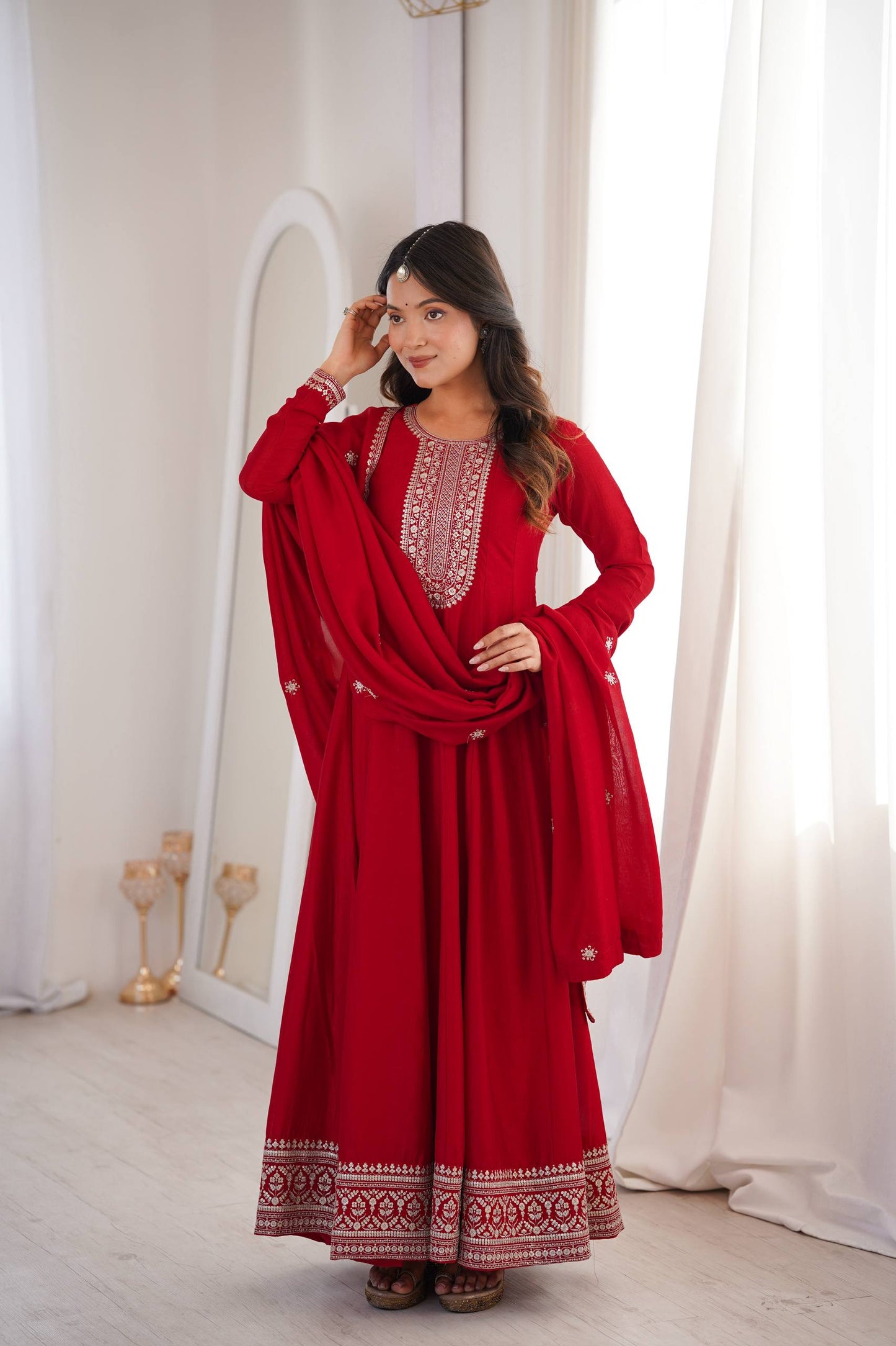 Attrative Red Color Sequence Embroidered Anarkali Gown Set