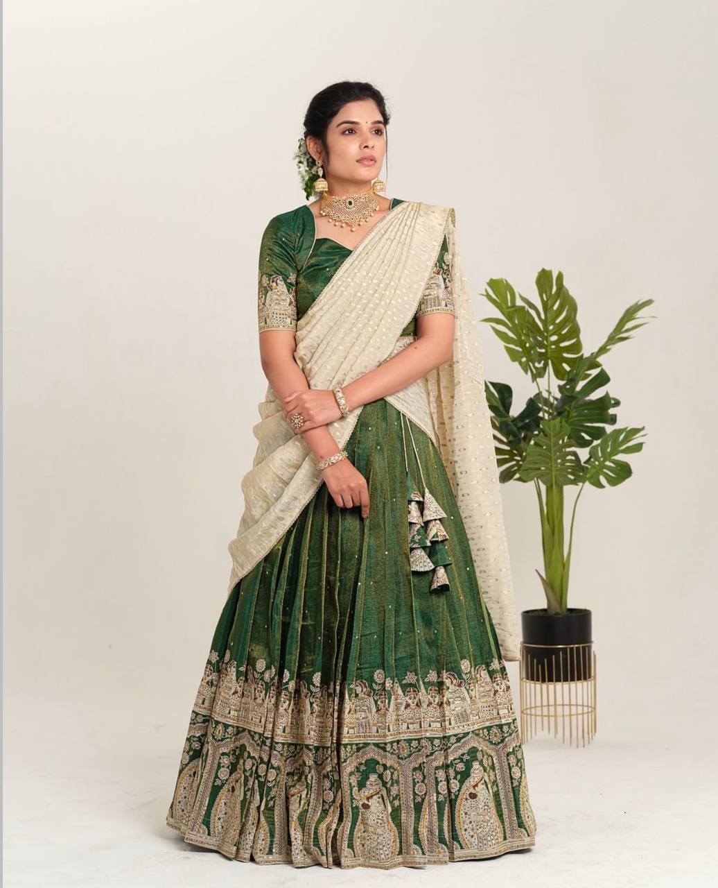 Function Wear Green Color Sent Crape With Kalamkari Printed Designer Lehenga Choli
