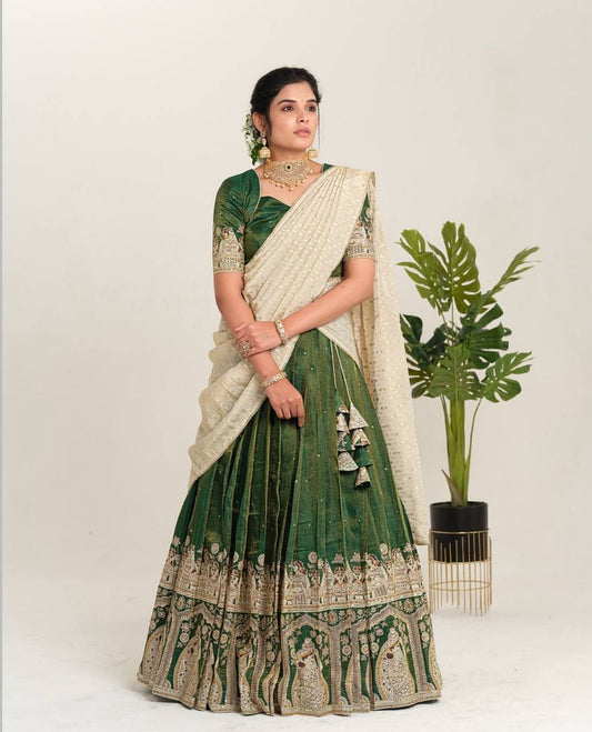 Function Wear Green Color Sent Crape With Kalamkari Printed Designer Lehenga Choli