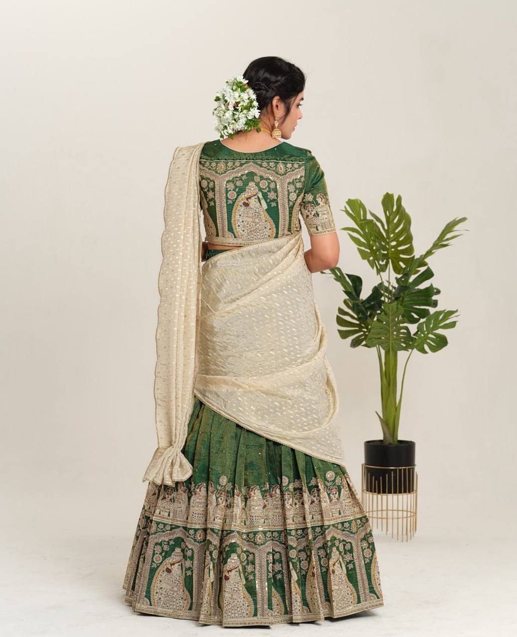 Function Wear Green Color Sent Crape With Kalamkari Printed Designer Lehenga Choli