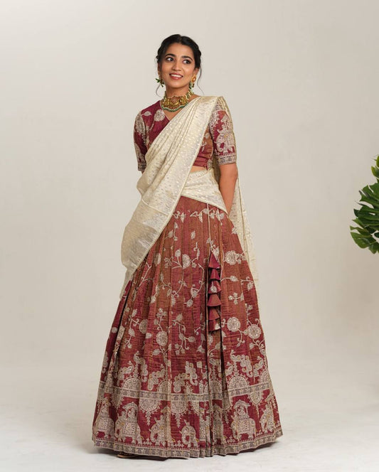 Ceremony Wear Maroon Color Sent Crape With Kalamkari Printed Designer Lehenga Choli