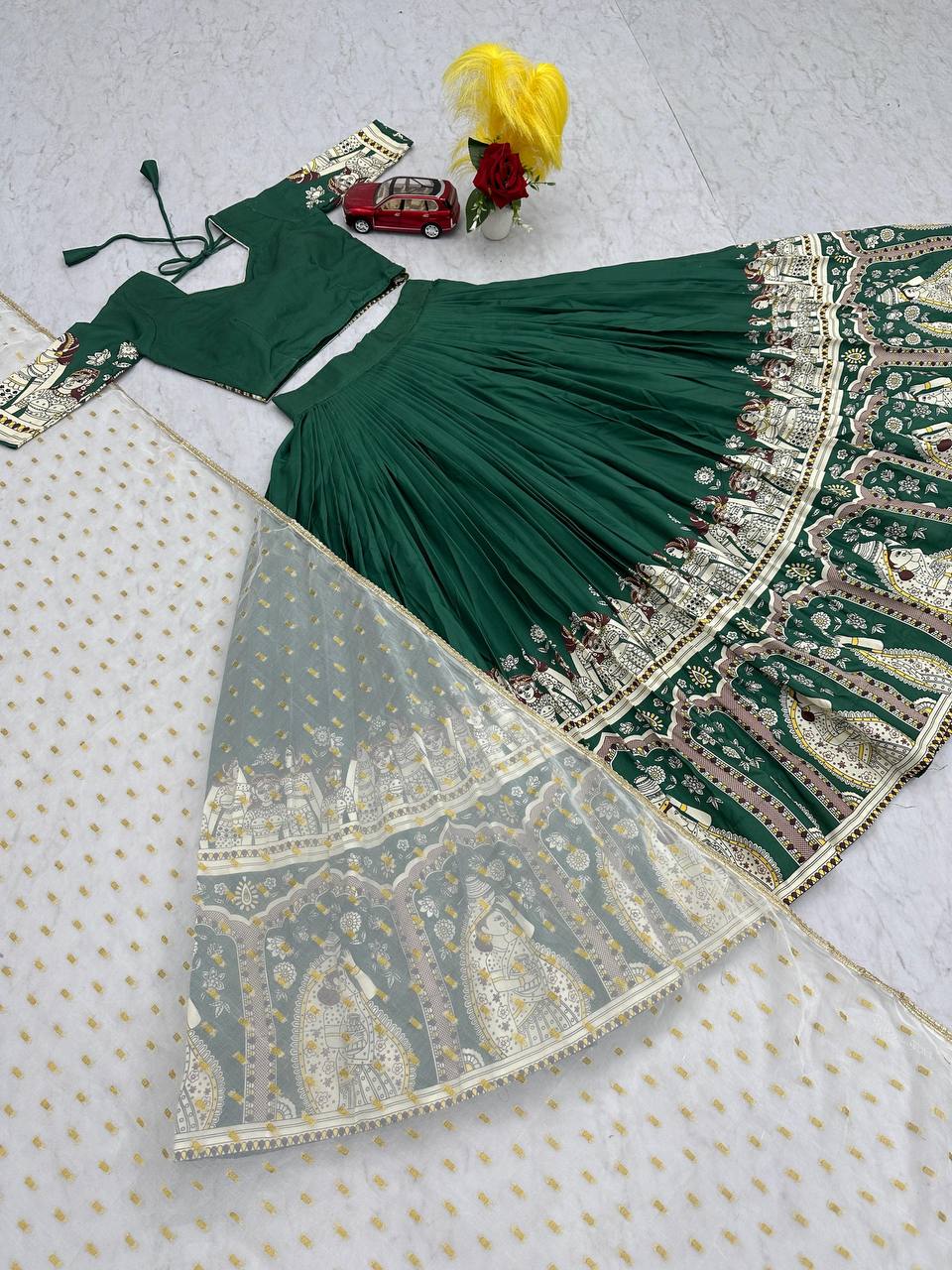Function Wear Green Color Sent Crape With Kalamkari Printed Designer Lehenga Choli