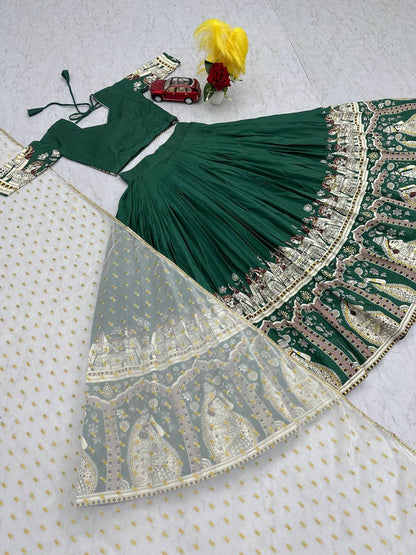 Function Wear Green Color Sent Crape With Kalamkari Printed Designer Lehenga Choli