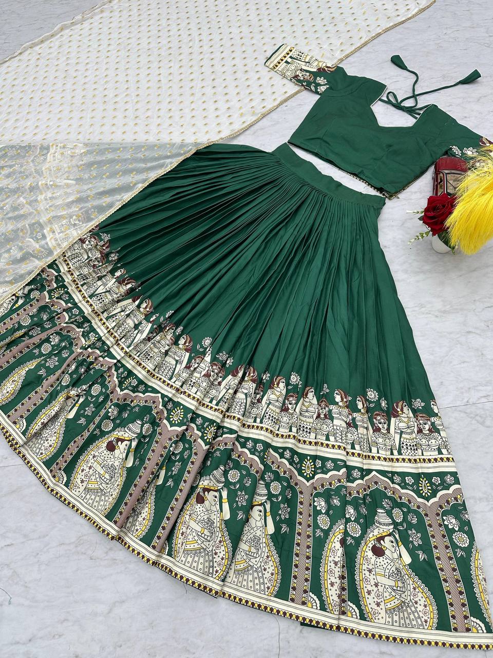 Function Wear Green Color Sent Crape With Kalamkari Printed Designer Lehenga Choli