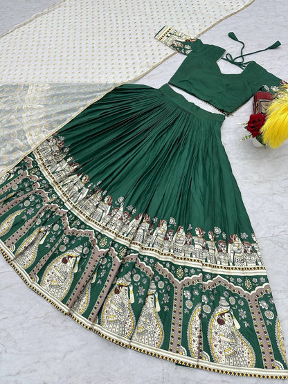 Function Wear Green Color Sent Crape With Kalamkari Printed Designer Lehenga Choli