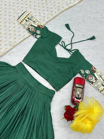 Function Wear Green Color Sent Crape With Kalamkari Printed Designer Lehenga Choli