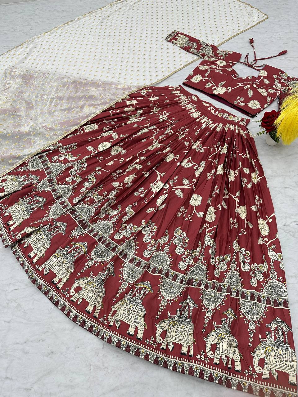 Ceremony Wear Maroon Color Sent Crape With Kalamkari Printed Designer Lehenga Choli