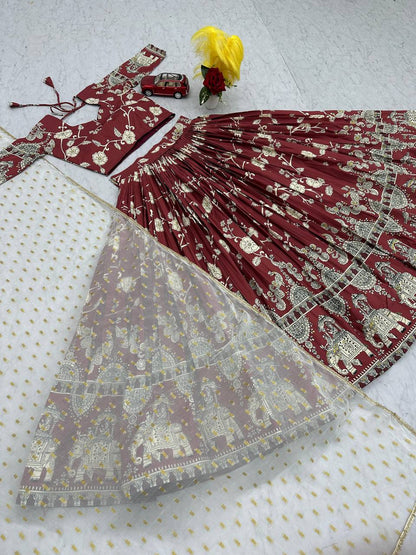 Ceremony Wear Maroon Color Sent Crape With Kalamkari Printed Designer Lehenga Choli