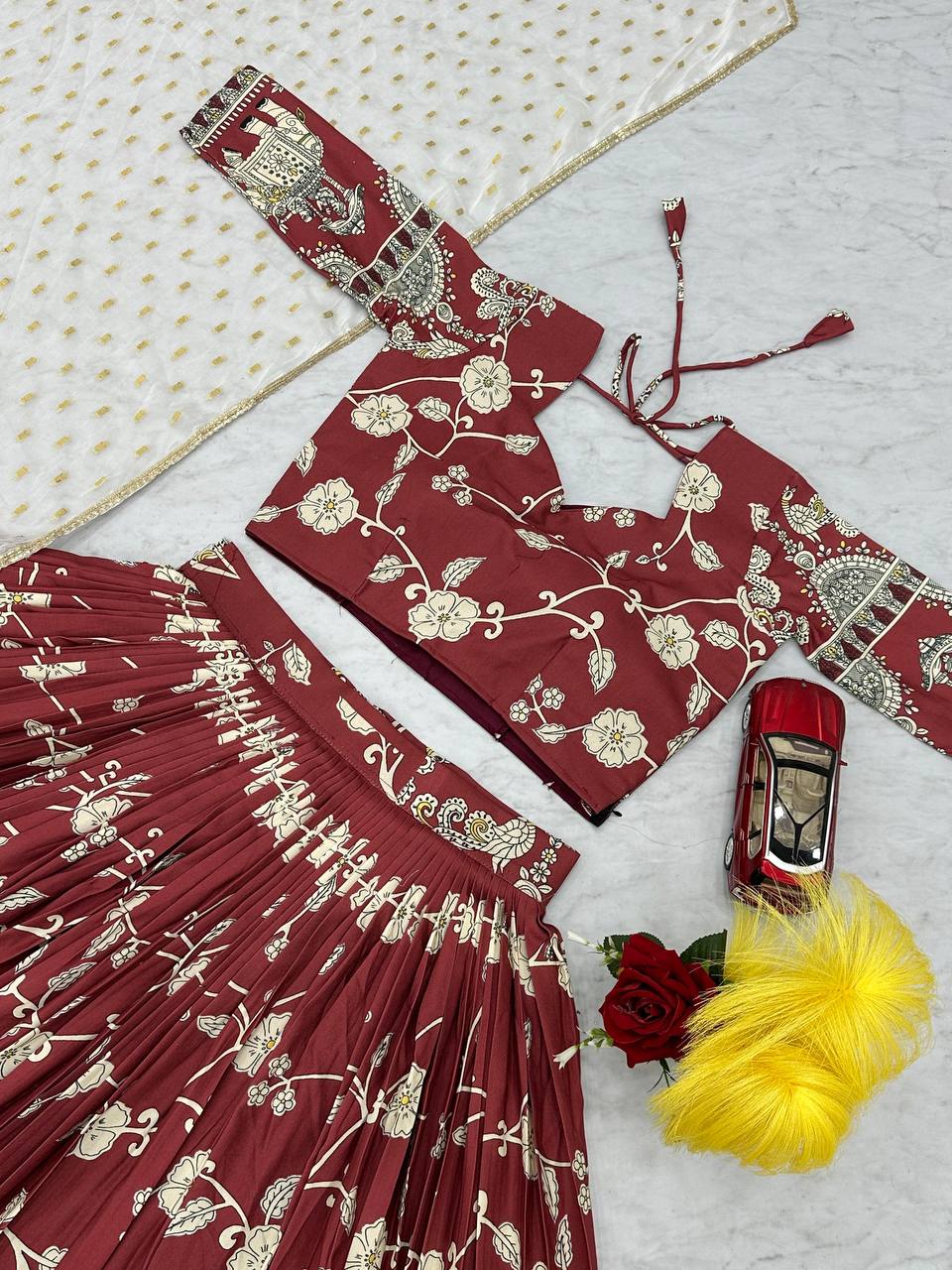 Ceremony Wear Maroon Color Sent Crape With Kalamkari Printed Designer Lehenga Choli