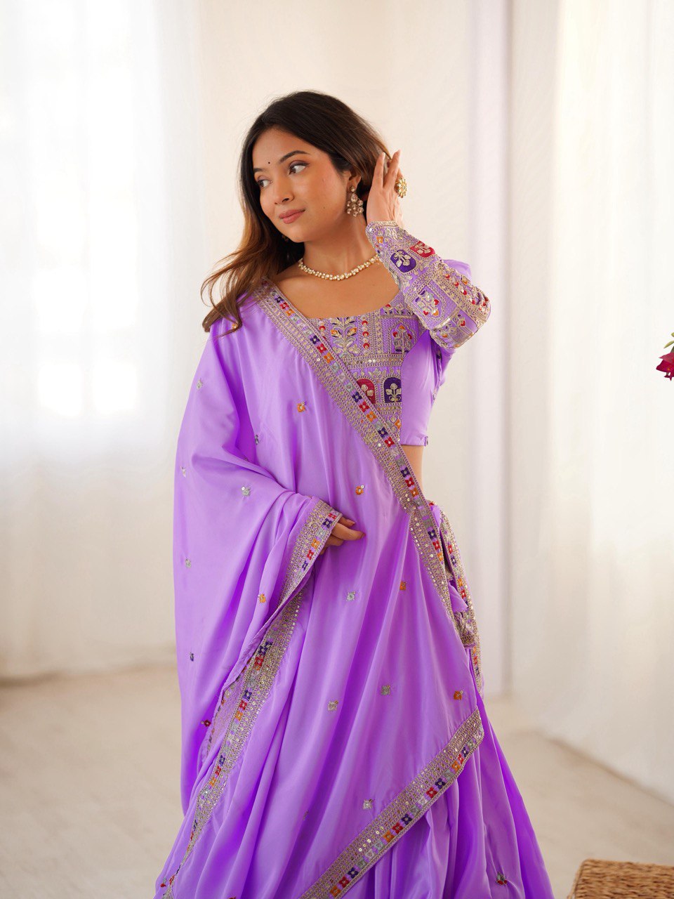 Wedding Wear Lavender Color Natural Crepe Silk Thread With Sequence Work Lehenga Choli
