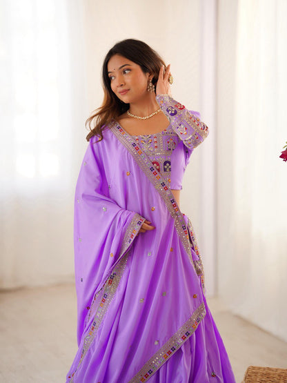 Wedding Wear Lavender Color Natural Crepe Silk Thread With Sequence Work Lehenga Choli