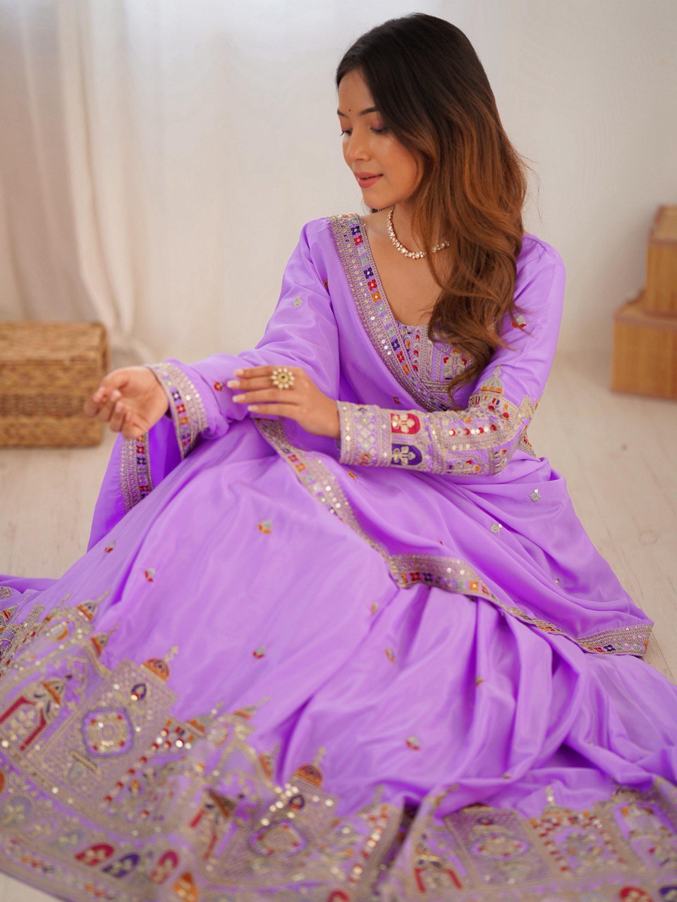 Wedding Wear Lavender Color Natural Crepe Silk Thread With Sequence Work Lehenga Choli