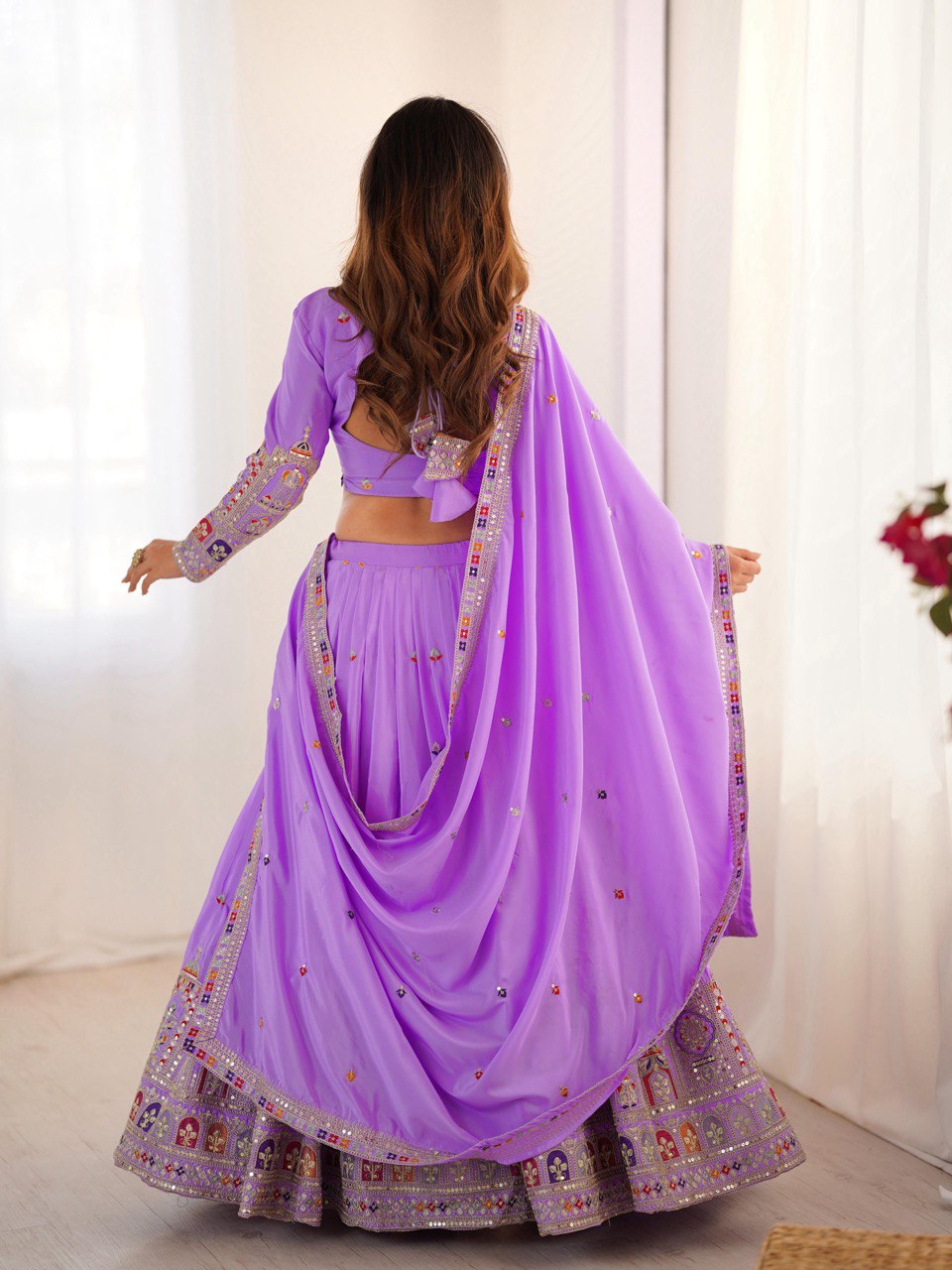 Wedding Wear Lavender Color Natural Crepe Silk Thread With Sequence Work Lehenga Choli