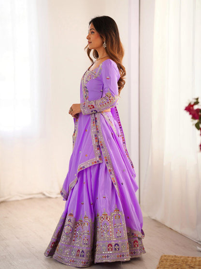 Wedding Wear Lavender Color Natural Crepe Silk Thread With Sequence Work Lehenga Choli