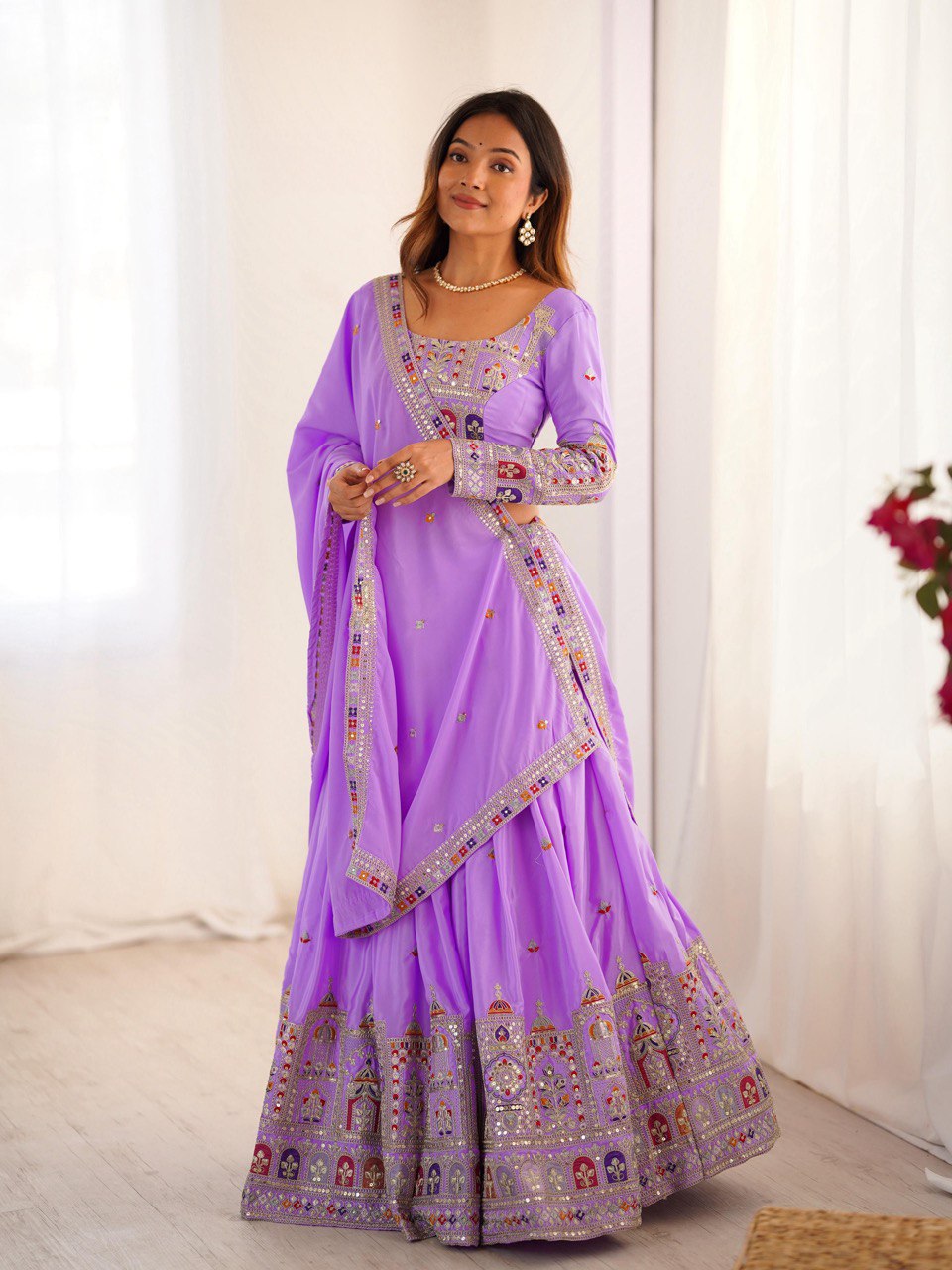 Wedding Wear Lavender Color Natural Crepe Silk Thread With Sequence Work Lehenga Choli