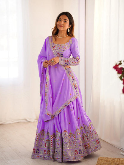 Wedding Wear Lavender Color Natural Crepe Silk Thread With Sequence Work Lehenga Choli