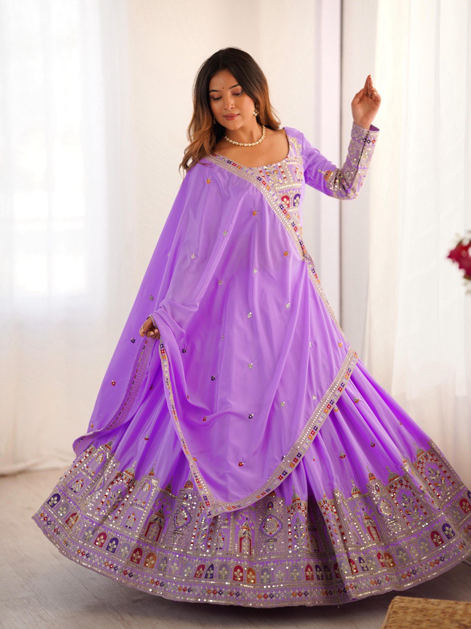 Wedding Wear Lavender Color Natural Crepe Silk Thread With Sequence Work Lehenga Choli