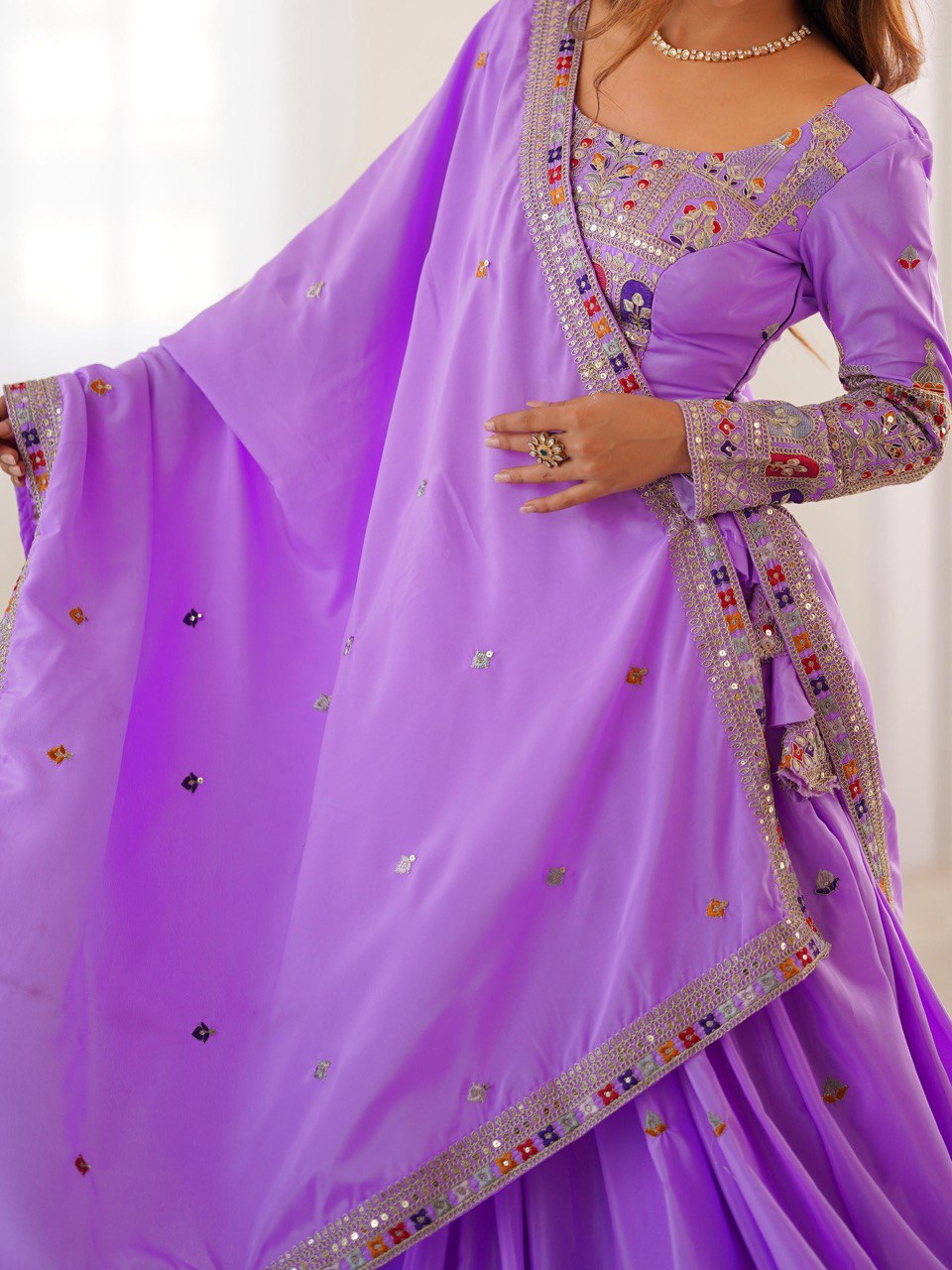 Wedding Wear Lavender Color Natural Crepe Silk Thread With Sequence Work Lehenga Choli