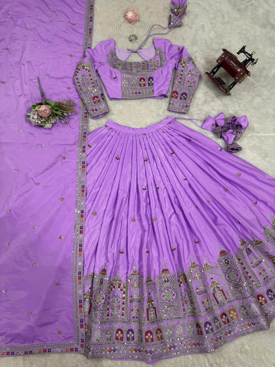 Wedding Wear Lavender Color Natural Crepe Silk Thread With Sequence Work Lehenga Choli