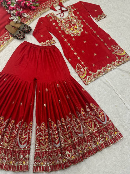 Wedding Wear Red Color Chinon Silk With Heavy Embroidery Work Sharara Suit