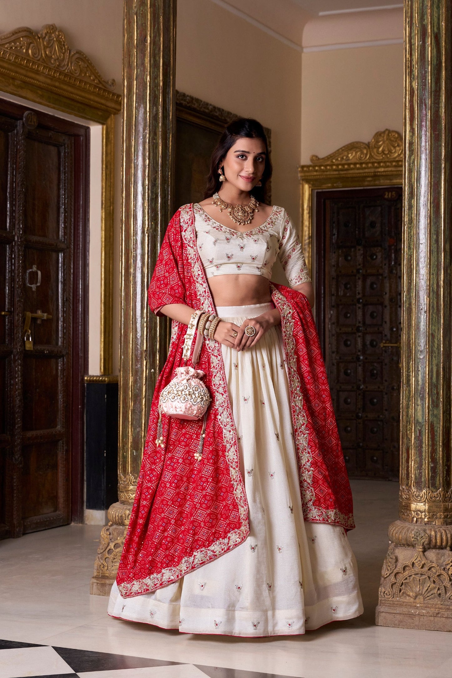 Bridal Wear Off White Color Vichitra Silk Sequins And Thread Embroidery Work Lehenga Choli