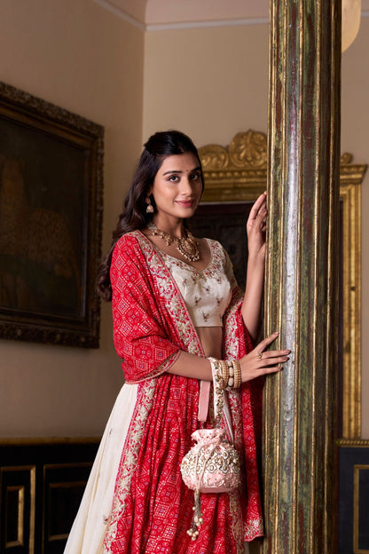 Bridal Wear Off White Color Vichitra Silk Sequins And Thread Embroidery Work Lehenga Choli