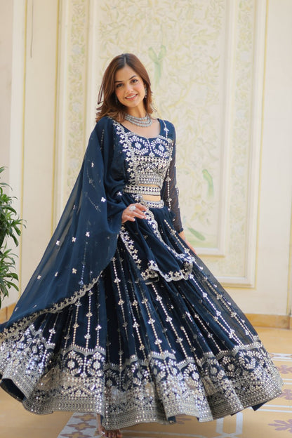 Presenting Rama Color Heavy Faux Georgette With Embroidery Sequence Work Lehenga Choli