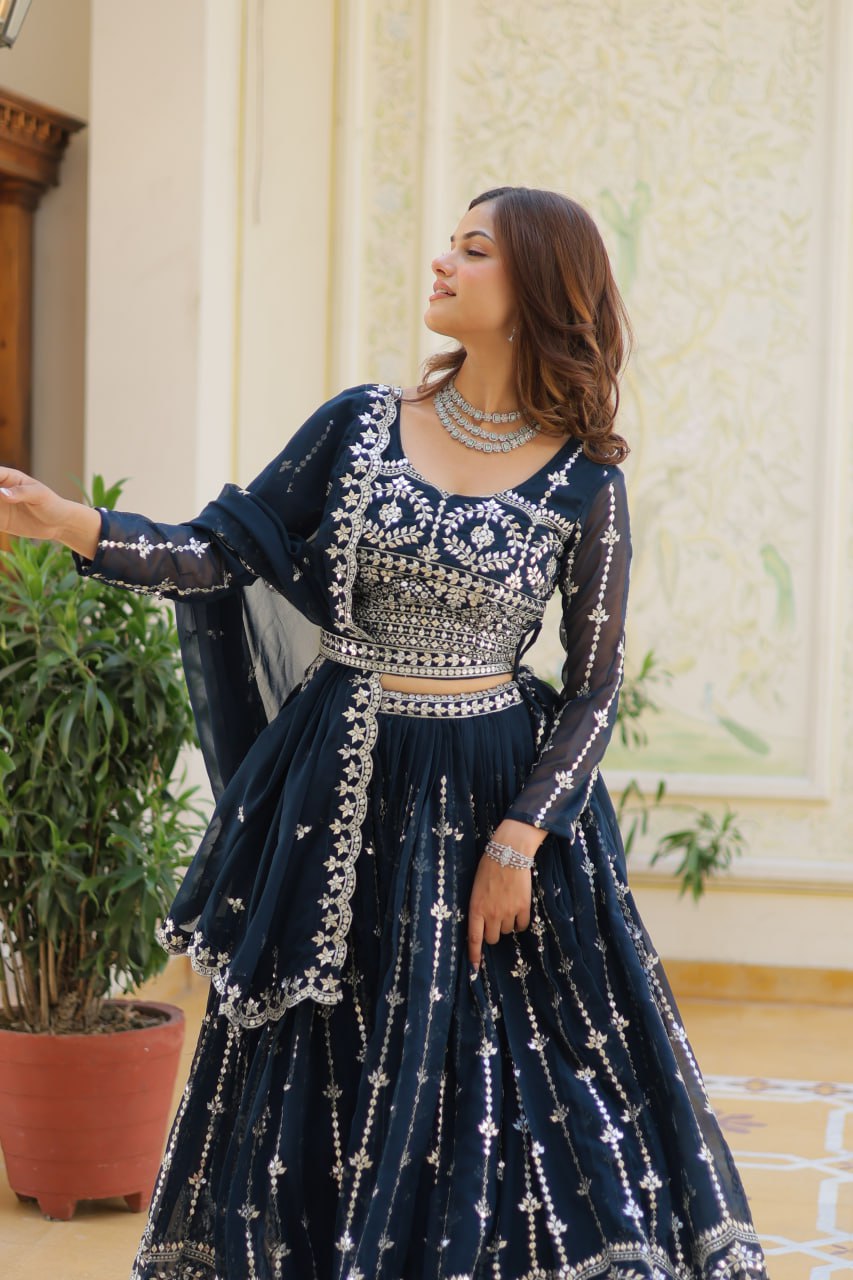 Presenting Rama Color Heavy Faux Georgette With Embroidery Sequence Work Lehenga Choli