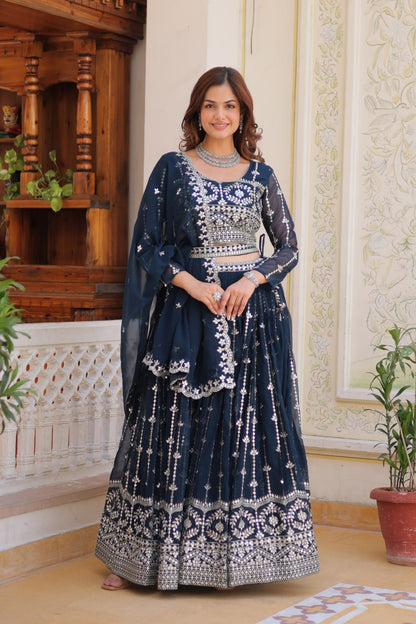 Presenting Rama Color Heavy Faux Georgette With Embroidery Sequence Work Lehenga Choli