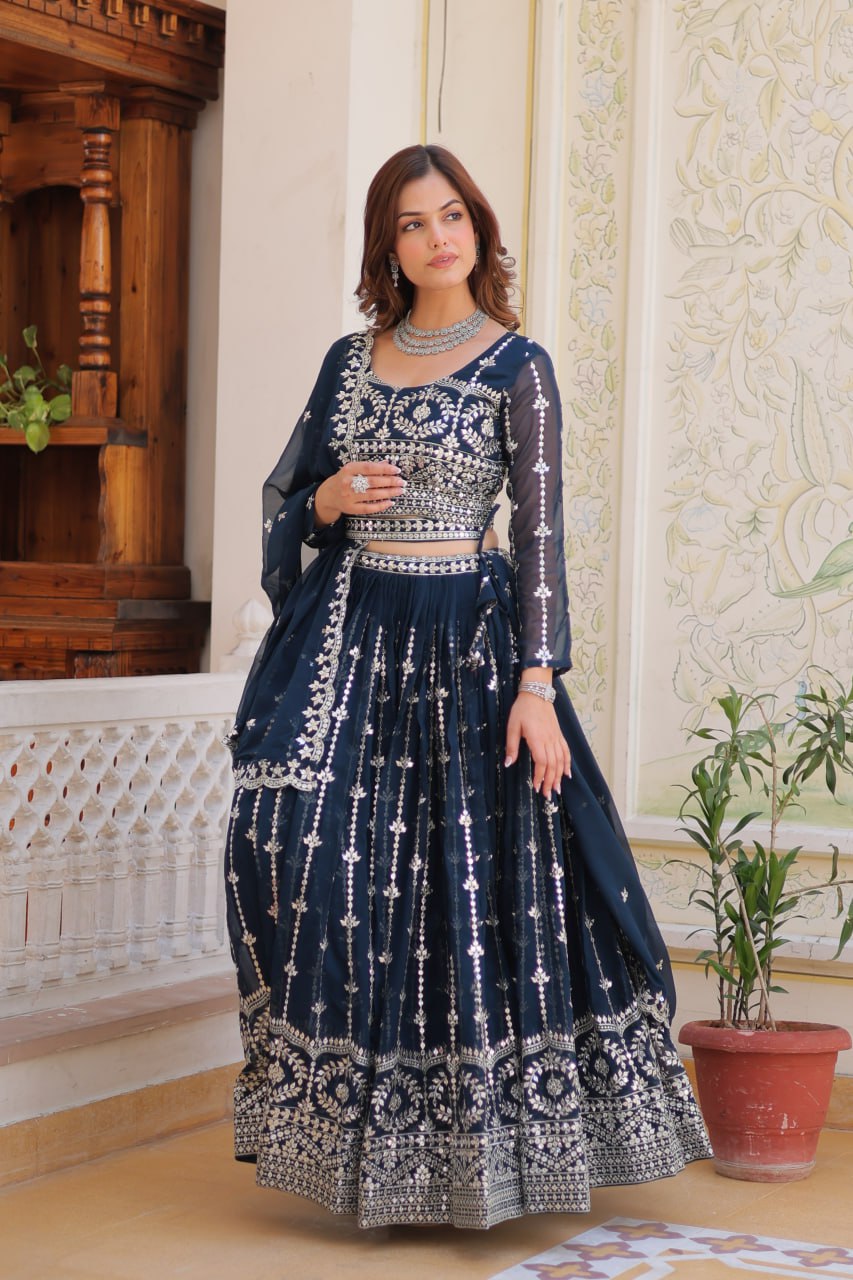 Presenting Rama Color Heavy Faux Georgette With Embroidery Sequence Work Lehenga Choli