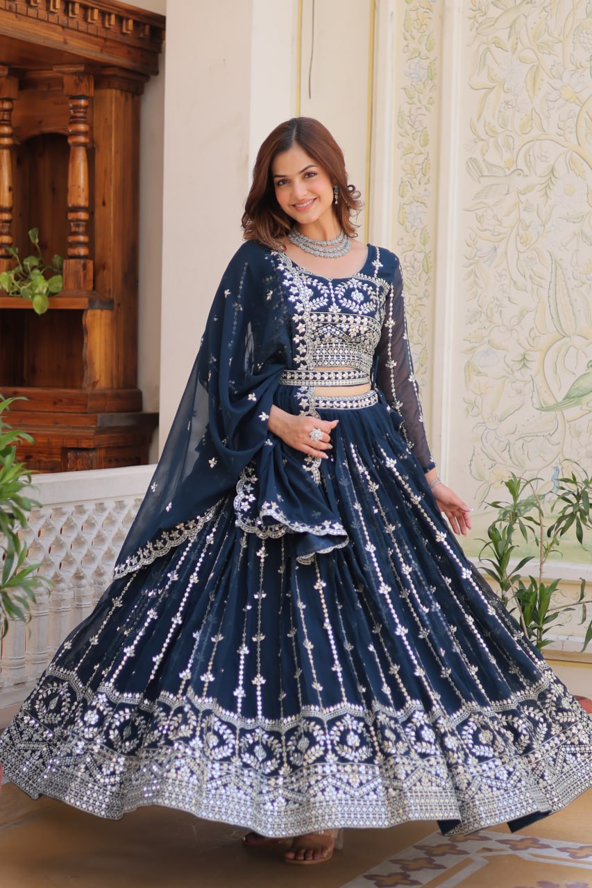 Presenting Rama Color Heavy Faux Georgette With Embroidery Sequence Work Lehenga Choli