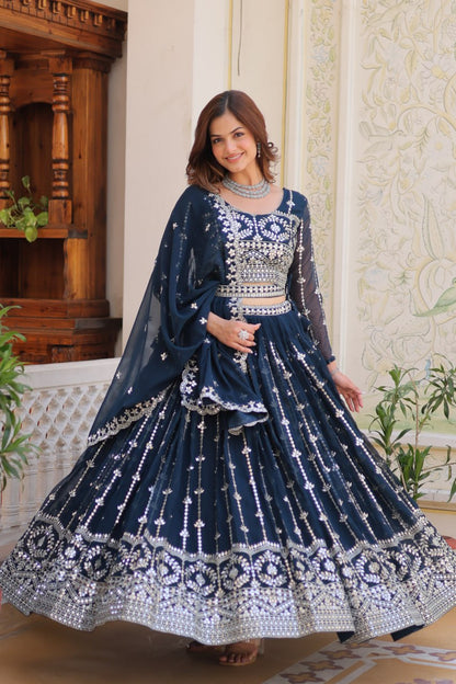 Presenting Rama Color Heavy Faux Georgette With Embroidery Sequence Work Lehenga Choli