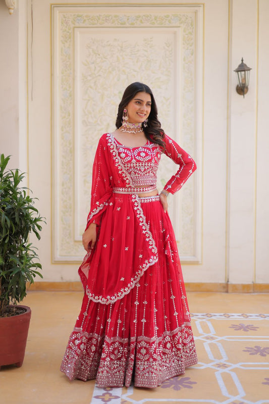 Presenting Red Color Heavy Faux Georgette With Embroidery Sequence Work Lehenga Choli