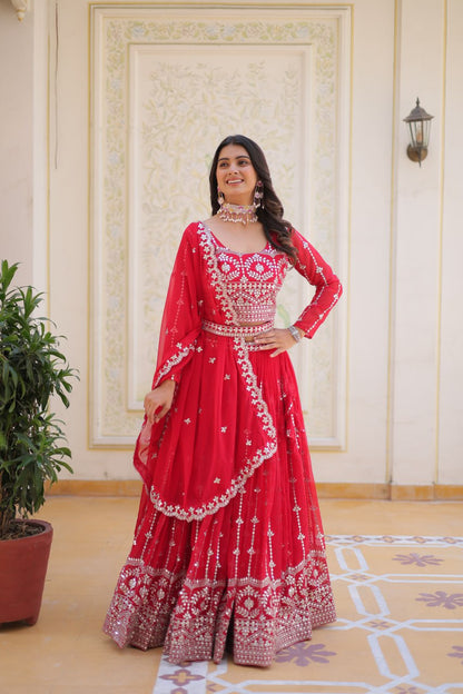 Presenting Red Color Heavy Faux Georgette With Embroidery Sequence Work Lehenga Choli