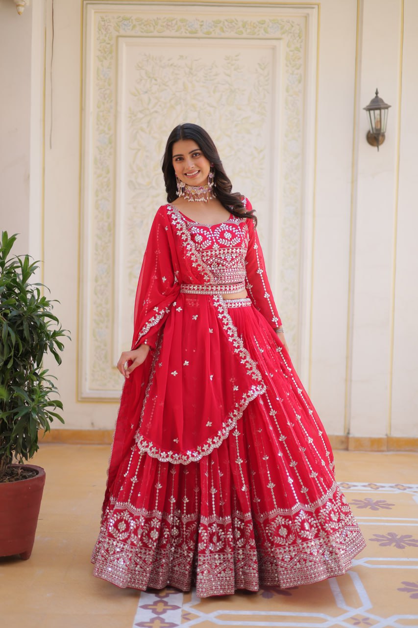 Presenting Red Color Heavy Faux Georgette With Embroidery Sequence Work Lehenga Choli