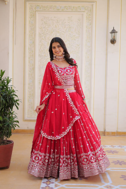 Presenting Red Color Heavy Faux Georgette With Embroidery Sequence Work Lehenga Choli