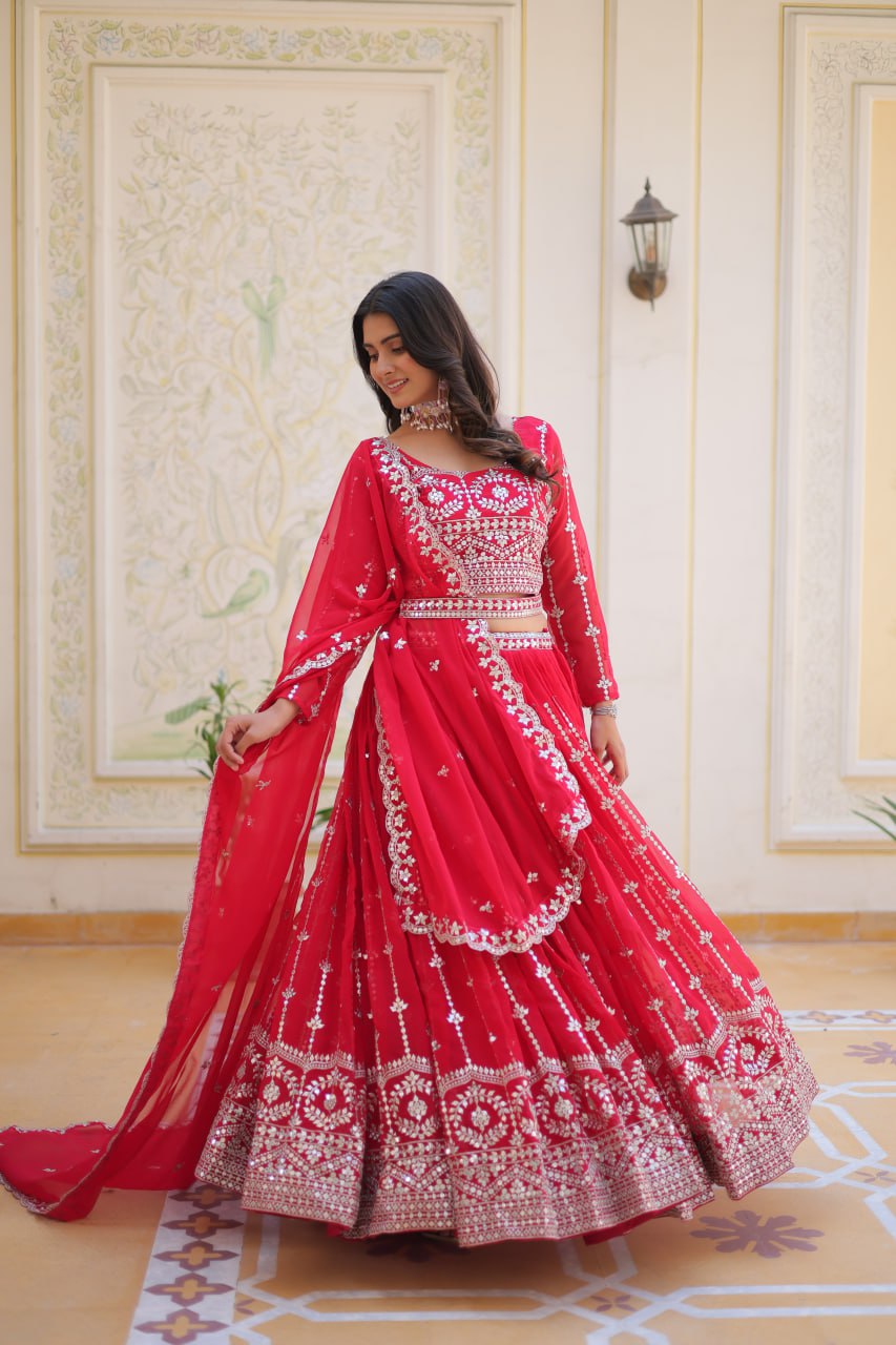 Presenting Red Color Heavy Faux Georgette With Embroidery Sequence Work Lehenga Choli