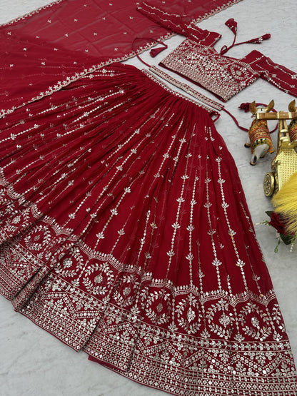 Presenting Red Color Heavy Faux Georgette With Embroidery Sequence Work Lehenga Choli