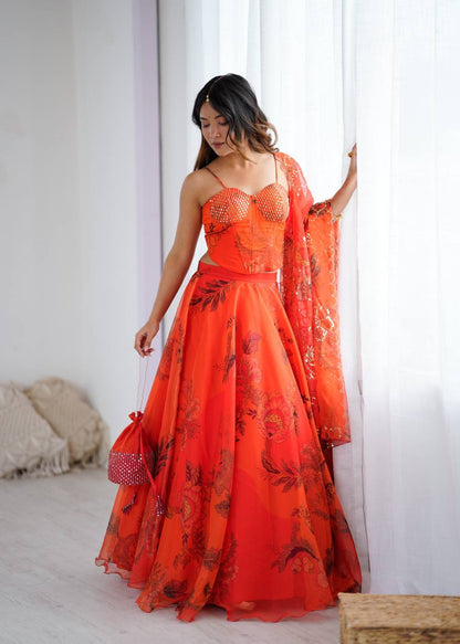 Arti Chauhan's Orange Organza Readymade Lehenga Choli Set With Designer Batwa