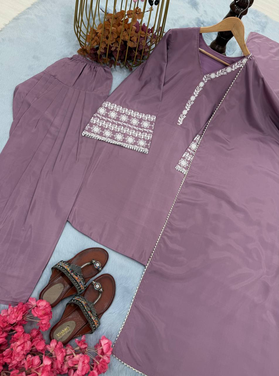 Casual Wear Lavender Color Natural Satin With Embroidery Work Beautiful Palazzo Suit