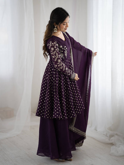 Party Wear Purple Color Embroidered Sequence Work Sharara Suit
