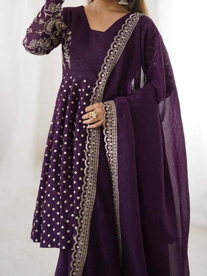 Party Wear Purple Color Embroidered Sequence Work Sharara Suit