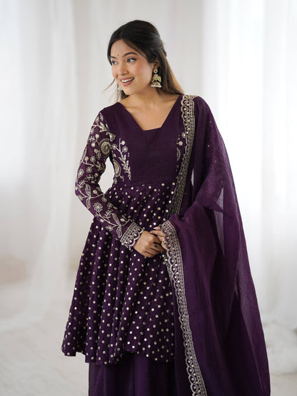 Party Wear Purple Color Embroidered Sequence Work Sharara Suit