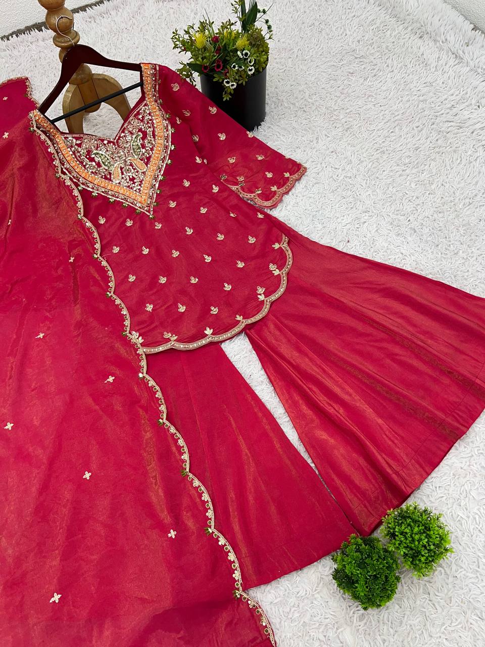 Wedding Wear Rose Pink Color Heavy Simar Silk With Embroidery Work Palazzo Suit