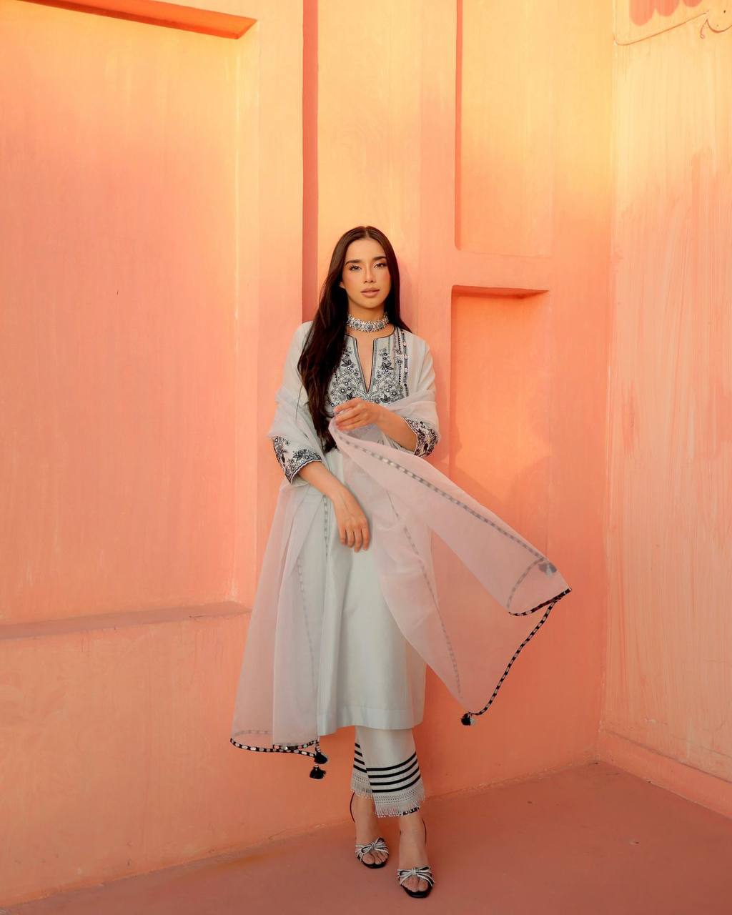 Party Wear Grey Color Georgette Foil Work Salwar Suit Set