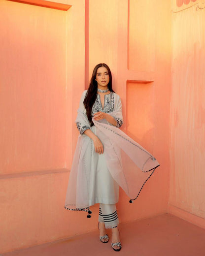 Party Wear Grey Color Georgette Foil Work Salwar Suit Set