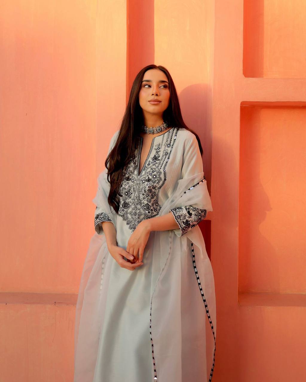 Party Wear Grey Color Georgette Foil Work Salwar Suit Set