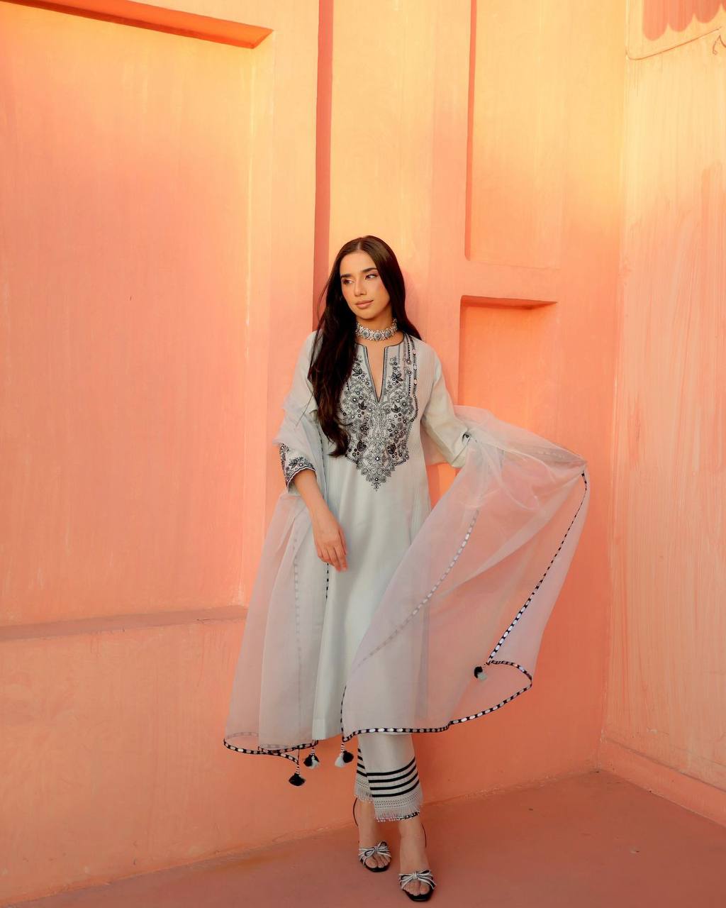 Party Wear Grey Color Georgette Foil Work Salwar Suit Set