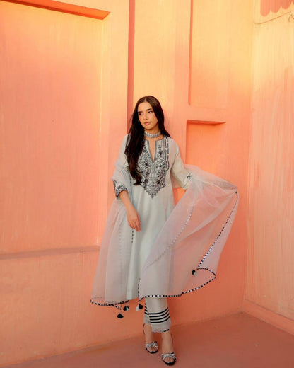 Party Wear Grey Color Georgette Foil Work Salwar Suit Set